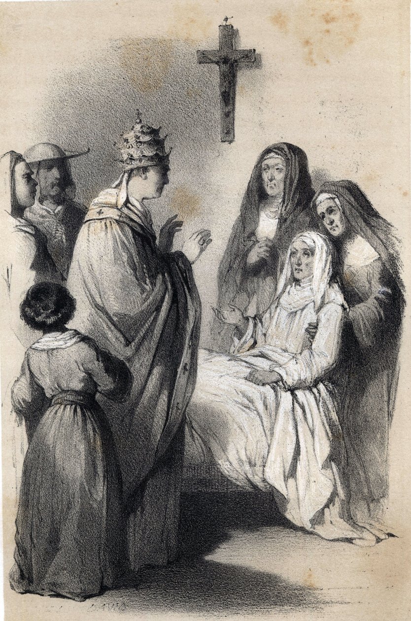 Representación de Santa Clara de Asís (c. 1192-1253), fundadora de la orden religiosa de las clarisas en "Las mujeres ilustres de Europa". Por la condesa Drohojowska, de nombre Symon de Latreiche. Dibujos ilustrativos de Jules David y Raunheim. Hacia 1850 de Jules and Raunheim Hermann David