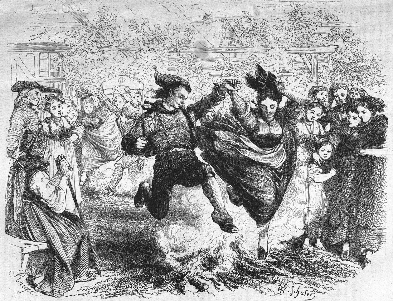 El fuego de San Juan en Alsacia a mediados del siglo XIX. Grabado según el dibujo de TH. Schuler. de Jules Theophile (after) Schuler