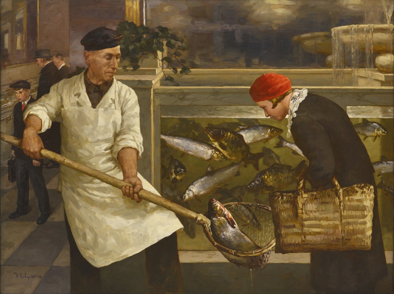In a Fish Shop par Klever, Juli Julievich, el Joven (1882-1942). Óleo sobre lienzo, tamaño : 130x176 de Juli Julievich the Younger Klever