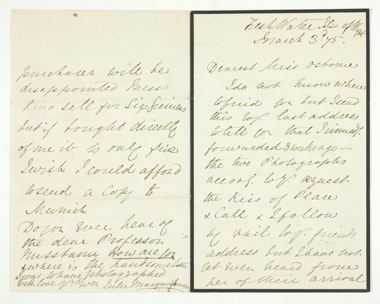 Carta autógrafa, 3 de marzo de 1875 de Julia Margaret Cameron
