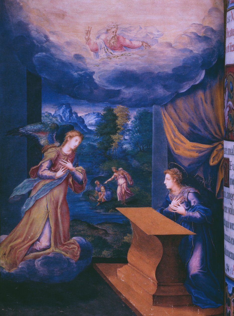 Fol.5v, Anunciación, de un facsímil del Breviario del Rey Felipe II de España, 1569 de Julian and Leon, Andres de Fuente del Saz