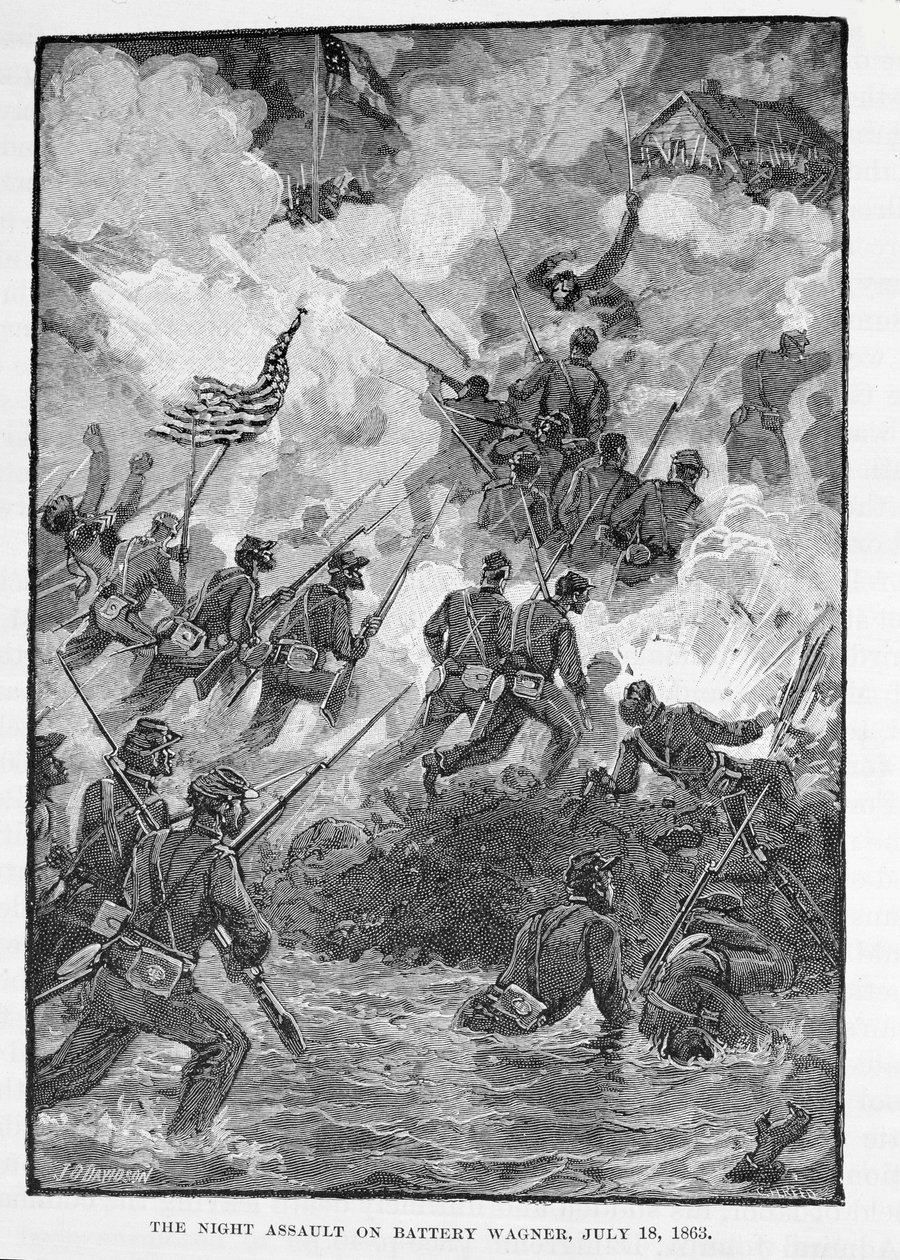 El asalto nocturno a la Batería Wagner, 18 de julio de 1863, grabado por C. H. Reed, ilustración de 