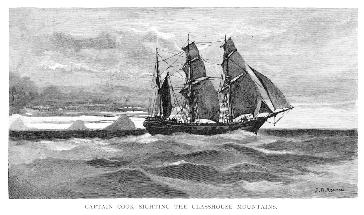 El Capitán Cook avistando las Montañas Glasshouse, 1770, Queensland, Australia, 1886 de Julian Ashton