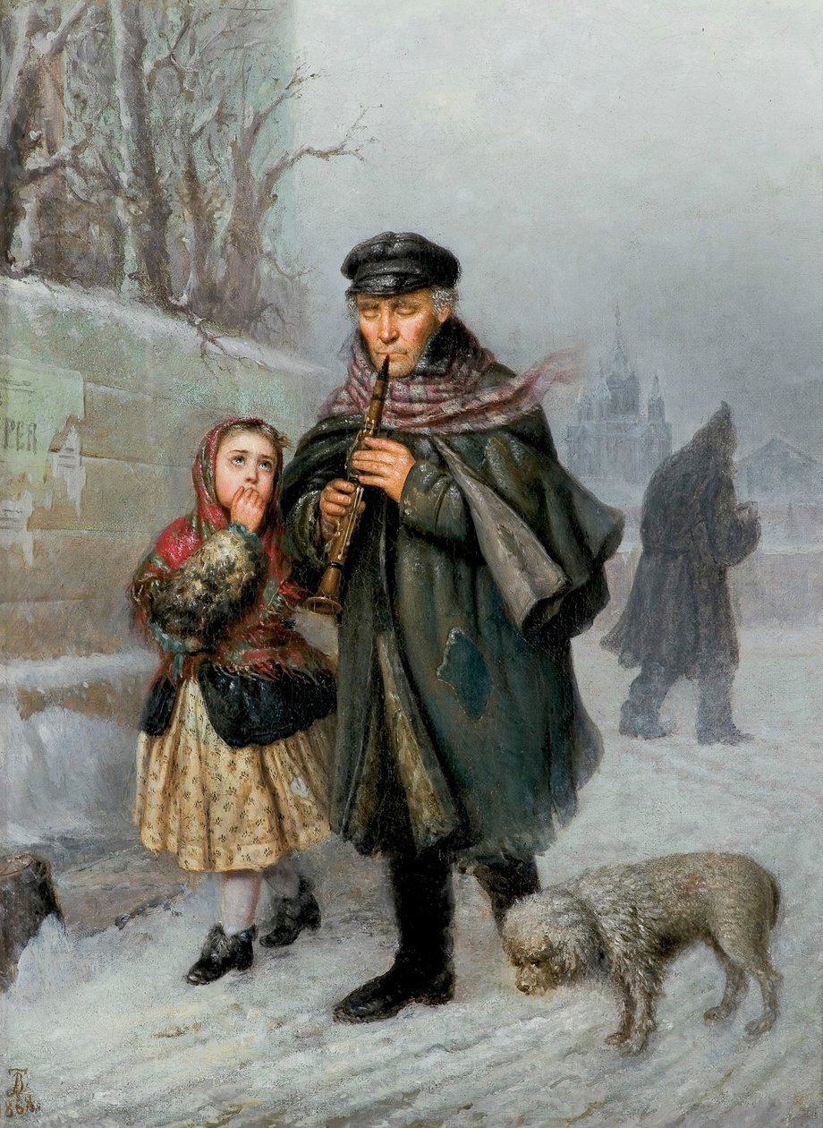 Clarinetista - Escena callejera de San Petersburgo (Clarinetista mendigo con niña y perro). de Julian Bończa Tomaszewski