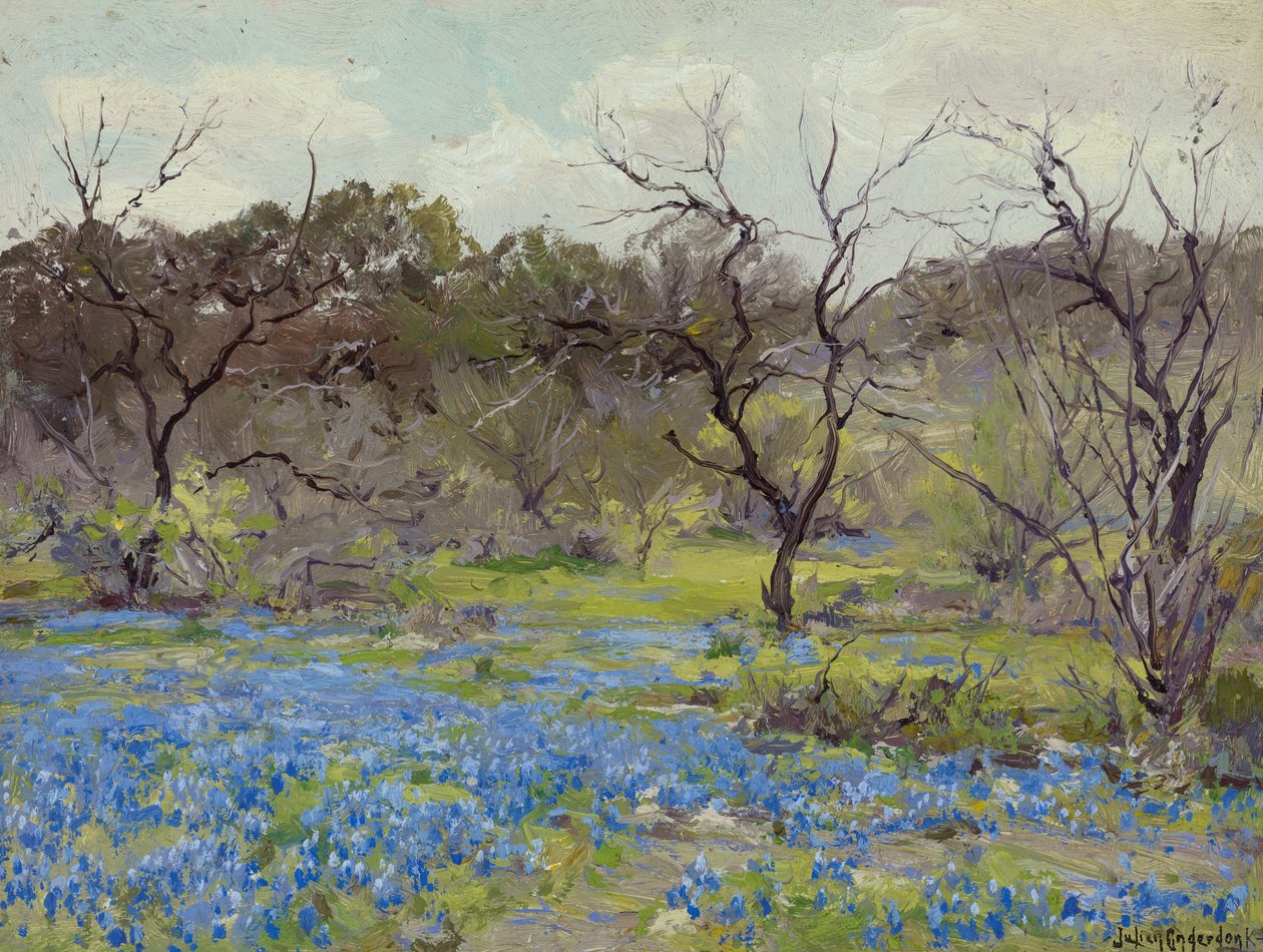 Primavera temprana—Bluebonnets y mezquite de Julian Onderdonk