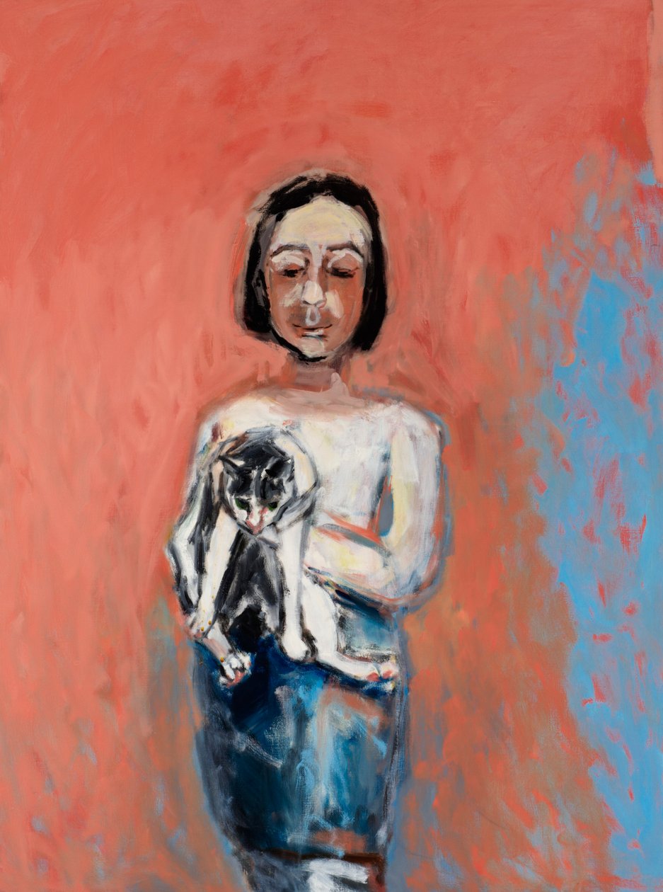 Chica con gato, 2000 (óleo sobre lienzo) de Julie Held