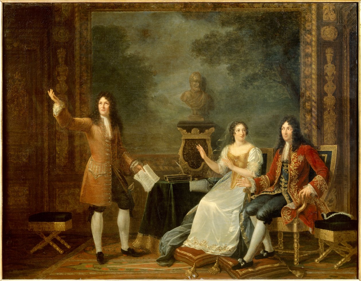 Jean Racine (1639-1699) leyendo "Athalie" ante Luis XIV (1638-1715) y Françoise d