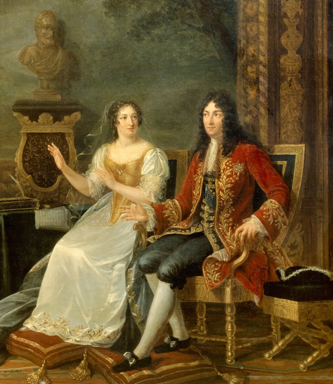 El rey de Francia Luis XIV con Madame de Maintenon. Detalle del cuadro "Jean Racine (1639-1699) leyendo "Athalie" ante Luis XIV (1638-1715) y Françoise d