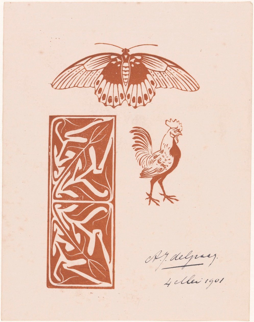 Mariposa, gallo y follaje de Julie de Graag (signed by artist)