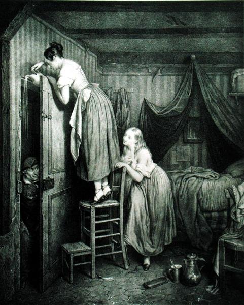 El curioso castigado, grabado por Alphonse Leon Noel de Julien (after) Vallou de Villeneuve