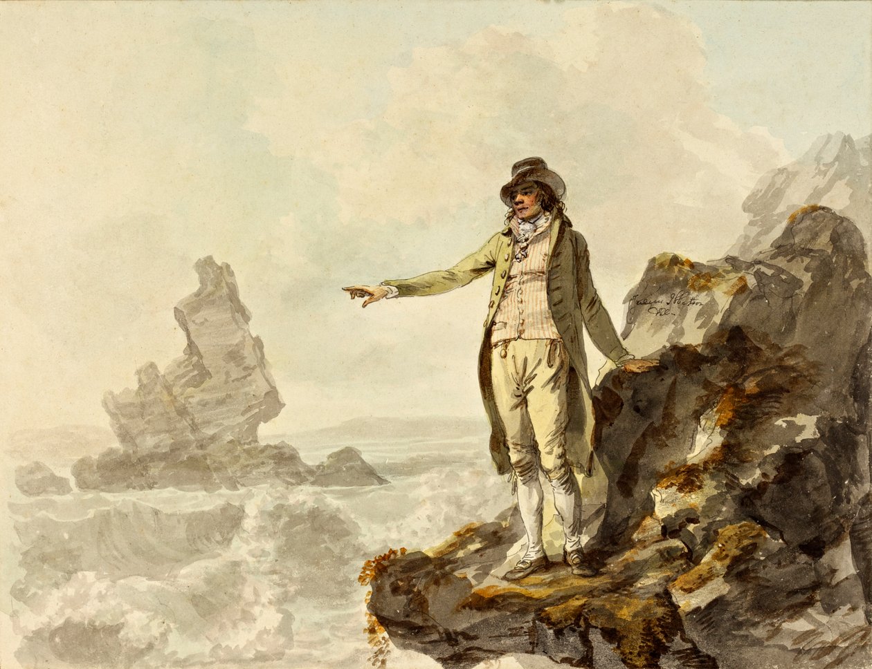 El guía del paisaje de Stackpole señalando a Stack Rock, Pembrokeshire, 1793 de Julius Caesar Ibbetson