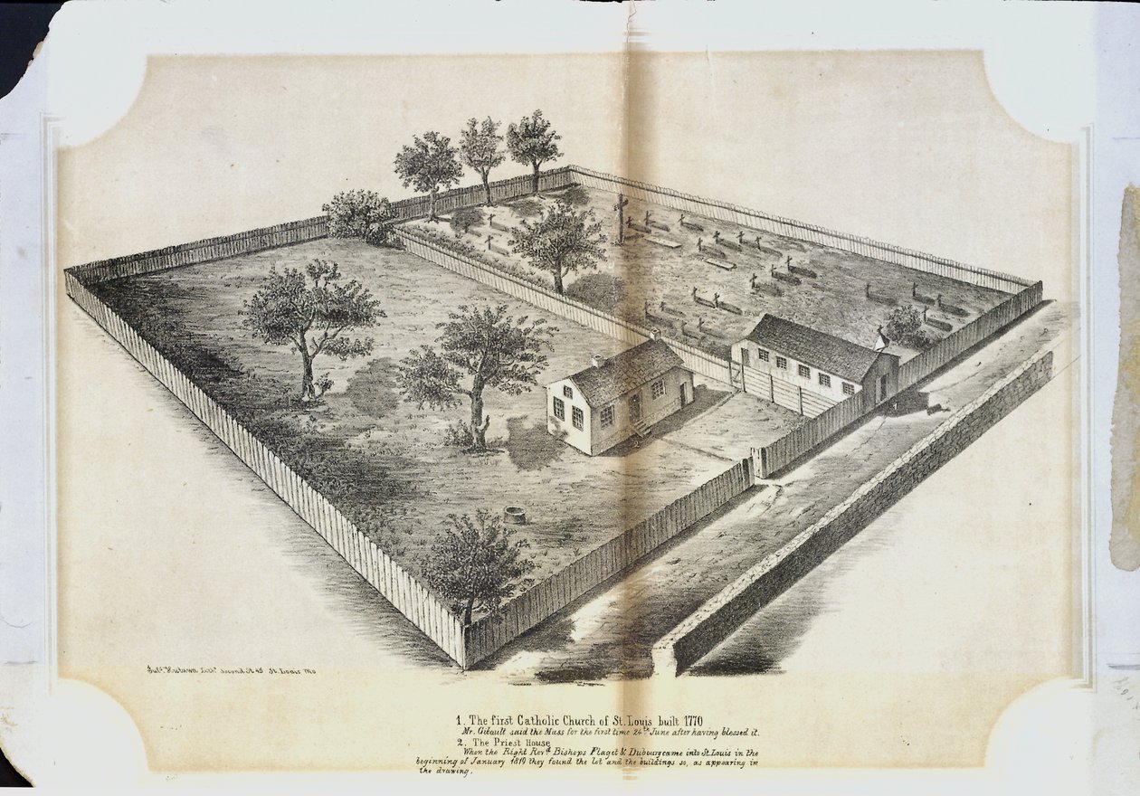 La primera iglesia católica en St. Louis construida en 1770. El Sr. Gibault celebró la misa por primera vez el 24 de junio después de haberla bendecido de Julius Hutawa Co.