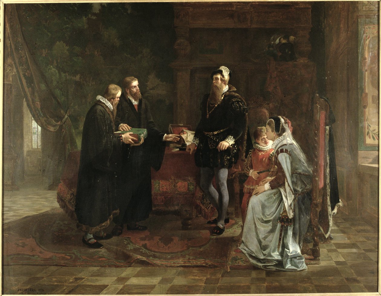 El Rey Gustavo I Vasa (c.1496-1560) de Suecia Recibiendo la Traducción Sueca de la Biblia, 1870 de Julius Kronberg