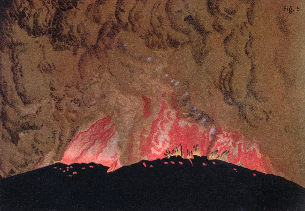 Los flujos de lava de Aphroessa y Georgios durante una erupción del volcán de Santorini, ilustración de Estudios sobre los Volcanes por el artista, grabado por Druck y Arnold, 1881 de Julius or Jules Schmidt