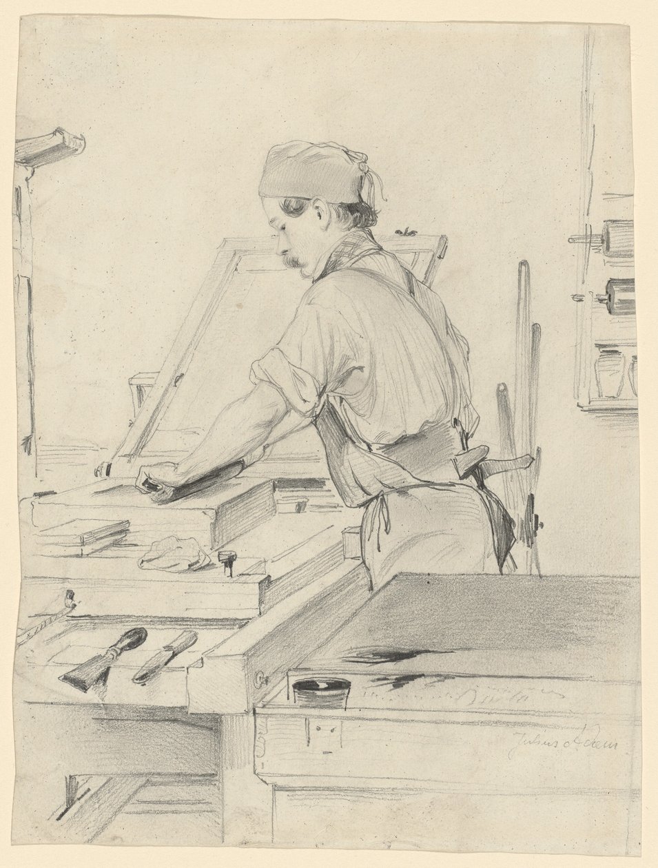 Autorretrato Trabajando en una Prensa Litográfica de Julius Adam the Elder