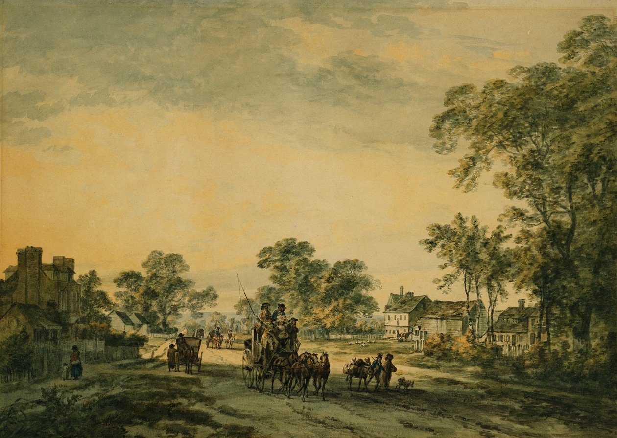 Un carruaje y figuras en un camino rural abierto de Julius Caesar Ibbetson