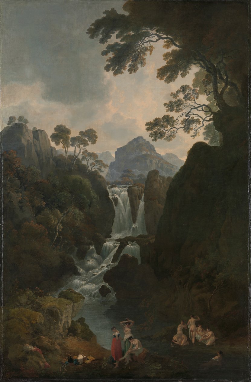 Una cascada con bañistas de Julius Caesar Ibbetson