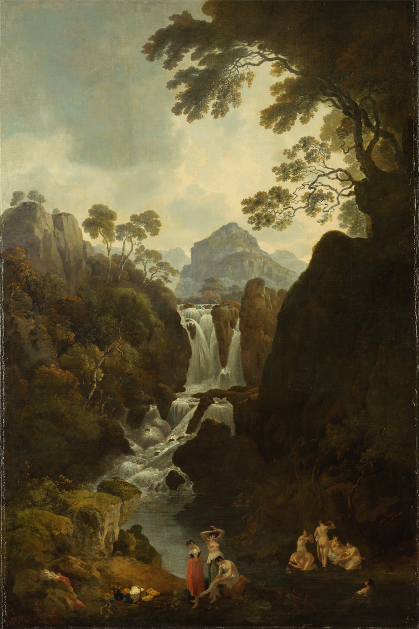 Una cascada con bañistas de Julius Caesar Ibbetson