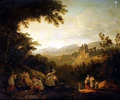 Paisaje boscoso con lavanderas junto a una fuente de Julius Caesar Ibbetson