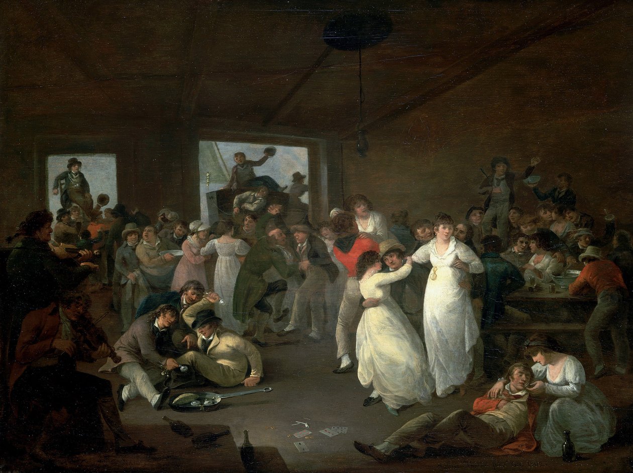 Bombance de marineros, escena en una taberna de Portsmouth (Inglaterra). Óleo sobre madera de Julius Caesar Ibbetson