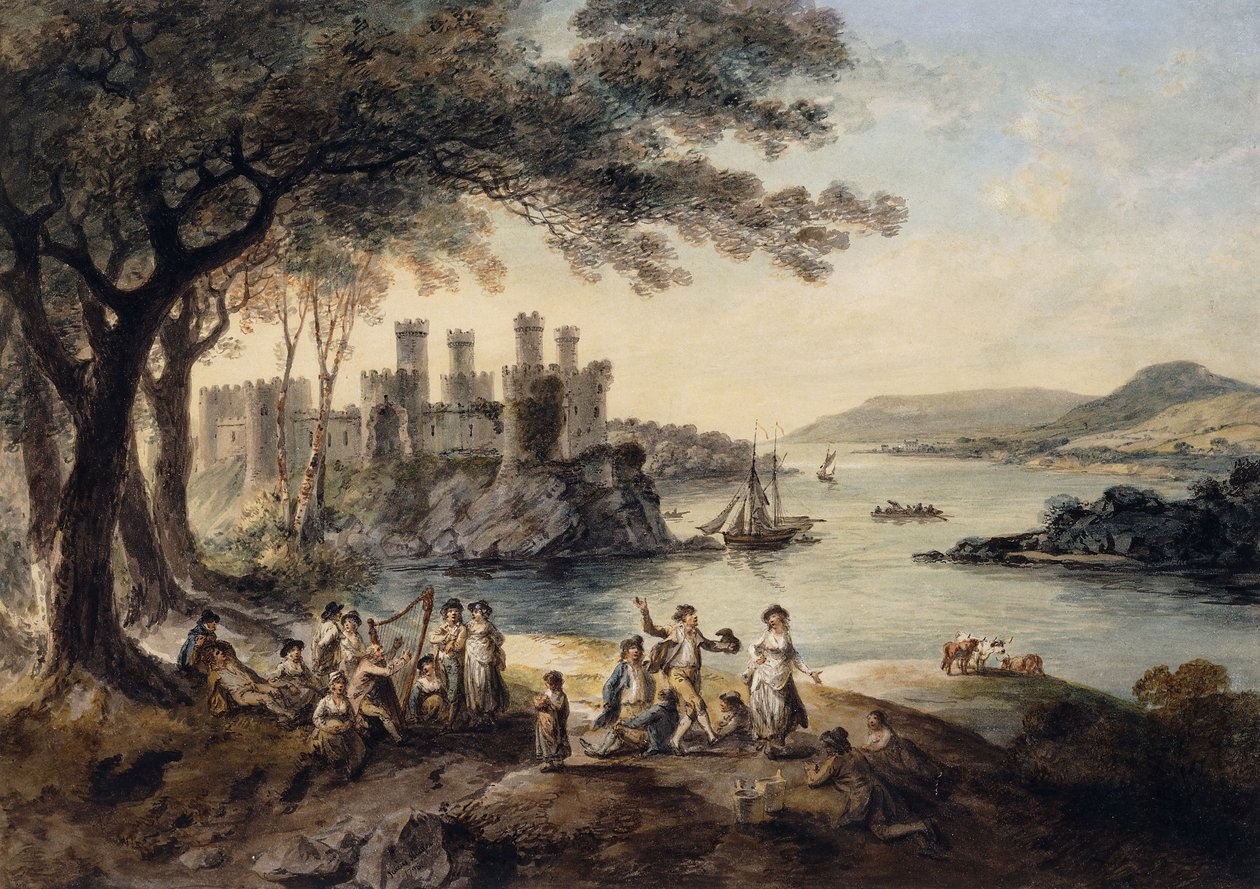 Castillo de Conway, con John Smith "El Arpista Ciego" en primer plano de Julius Caesar Ibbetson