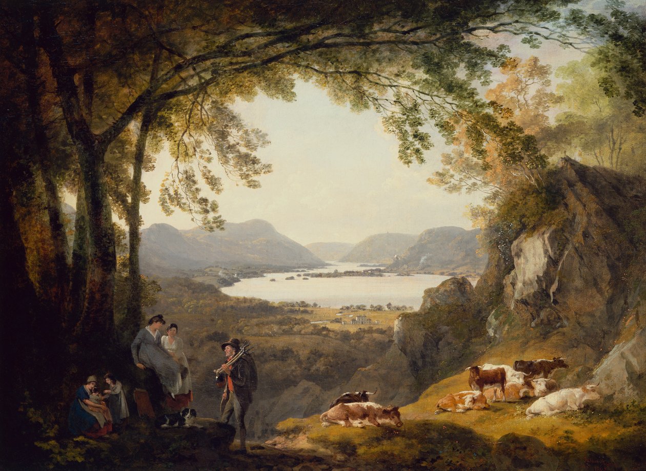 Campesinos descansando con ganado en un paisaje boscoso de Julius Caesar Ibbetson