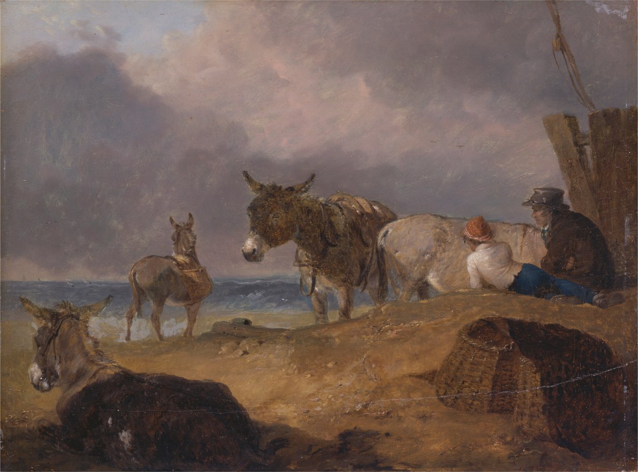 Burros y figuras en una playa de Julius Caesar Ibbetson