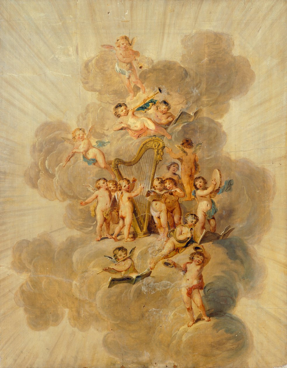 Querubines alados con instrumentos musicales, sección de la cenefa decorativa de la Sala de Música, Kenwood House, Londres (papel pintado) de Julius Caesar Ibbetson