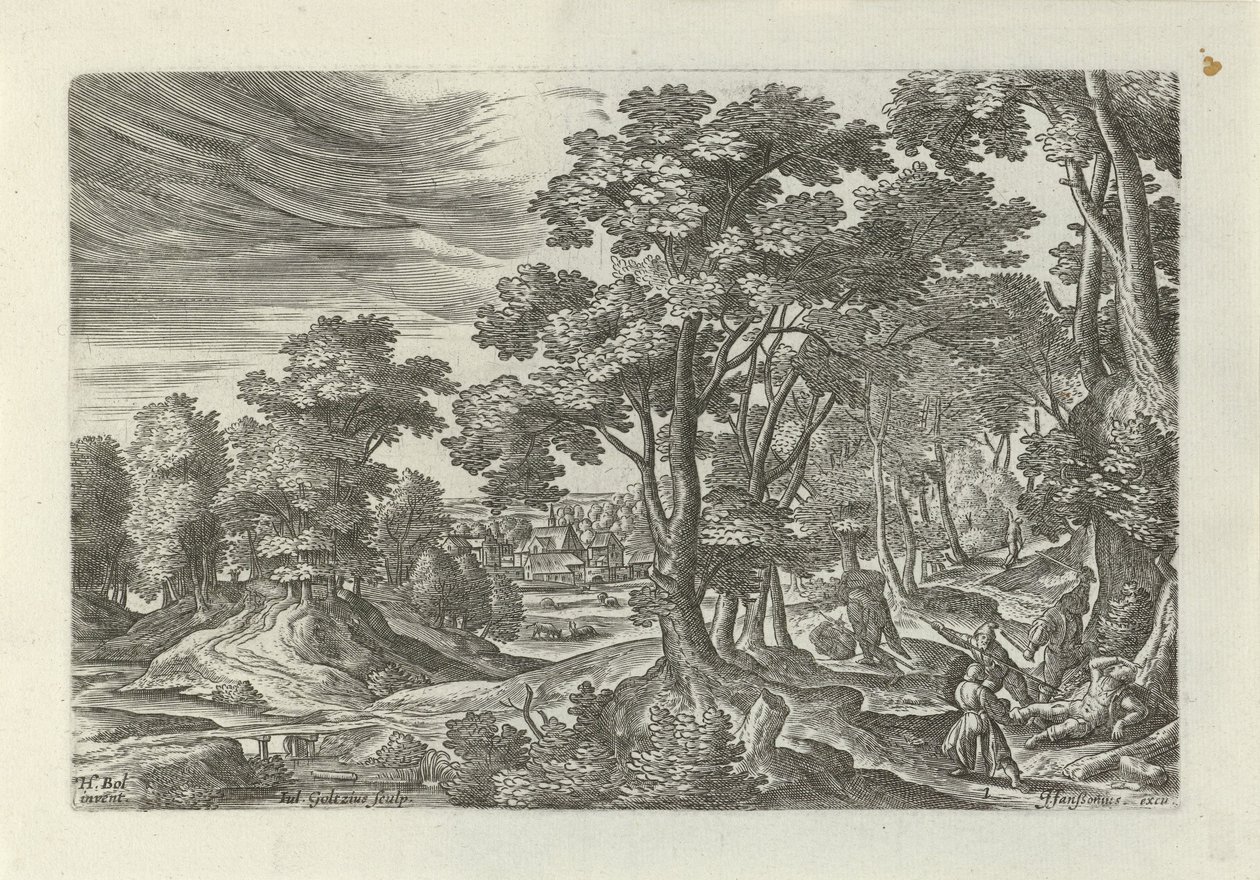 Paisaje con robo al viajero Paisajes con escenas de la parábola del buen samaritano (título de serie) de Julius Goltzius