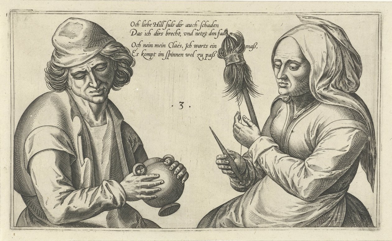 Spinning mujer con su marido Juegos de palabras sobre la relación entre el hombre y la mujer (título de la serie) de Julius Goltzius