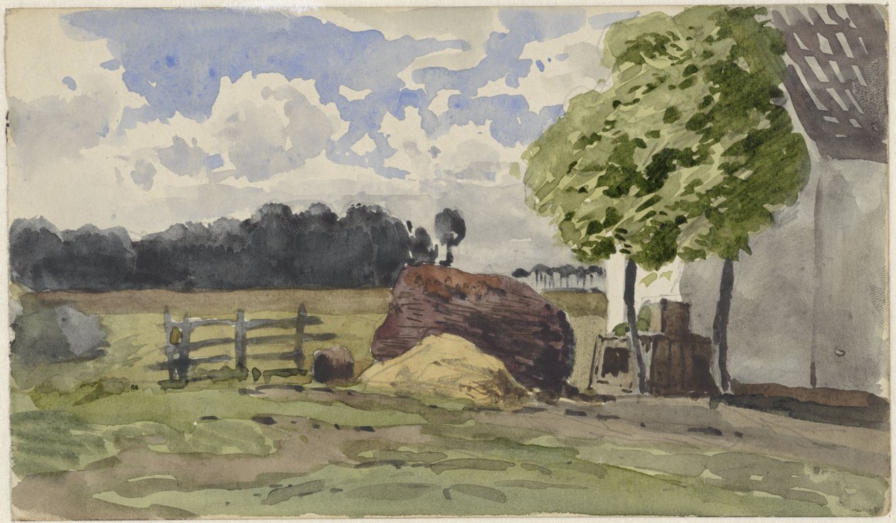 Pila de leña frente a una granja en la pradera de Julius Jacobus van de Sande Bakhuyzen