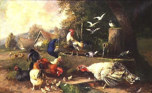 Aves de corral junto a una bomba de Julius Scheuerrer