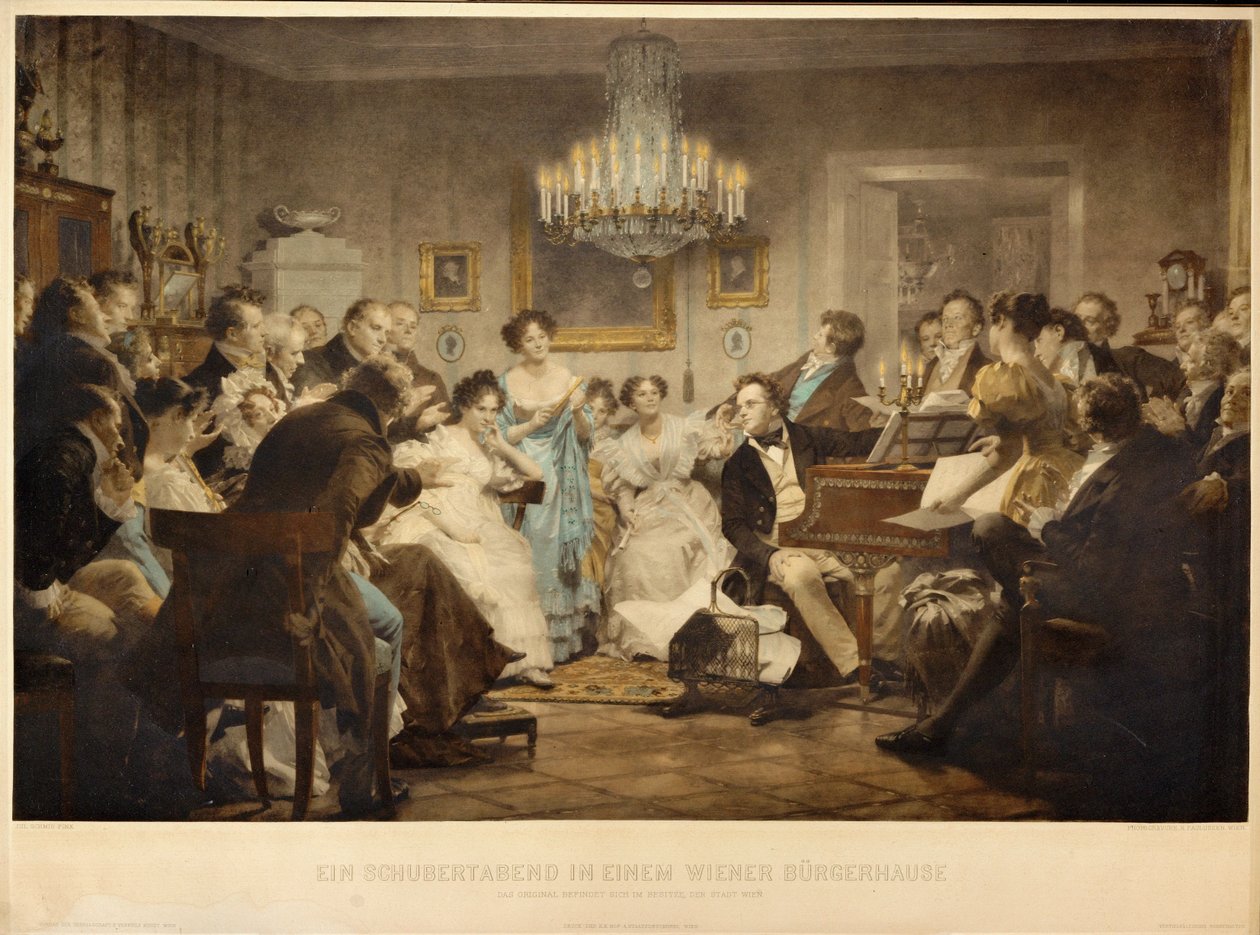 Una velada con Schubert en un salón vienés ... (grabado) de Julius Schmid