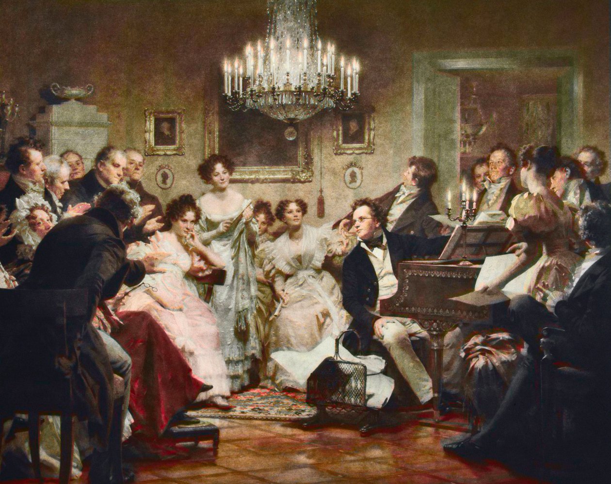 Franz Schubert (1797-1828) al piano durante una velada Schubert en un salón de Viena - grabado según Julius Schmid (1854-1935) de Julius Schmid