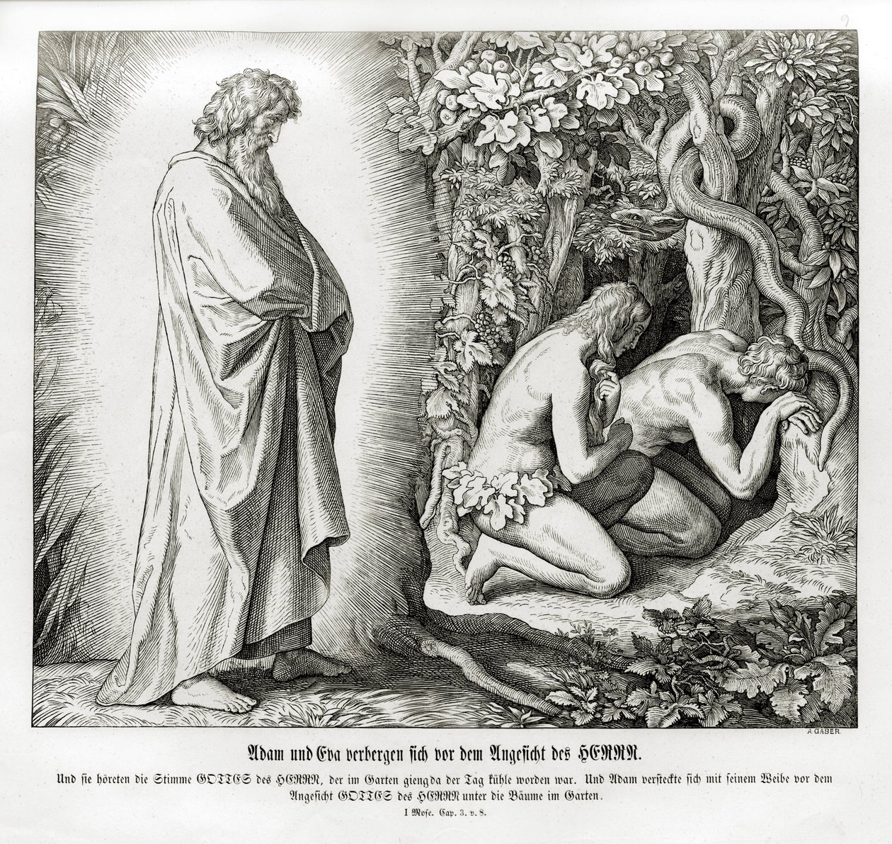 Adán y Eva esconden su desnudez, Génesis de Julius Schnorr von Carolsfeld