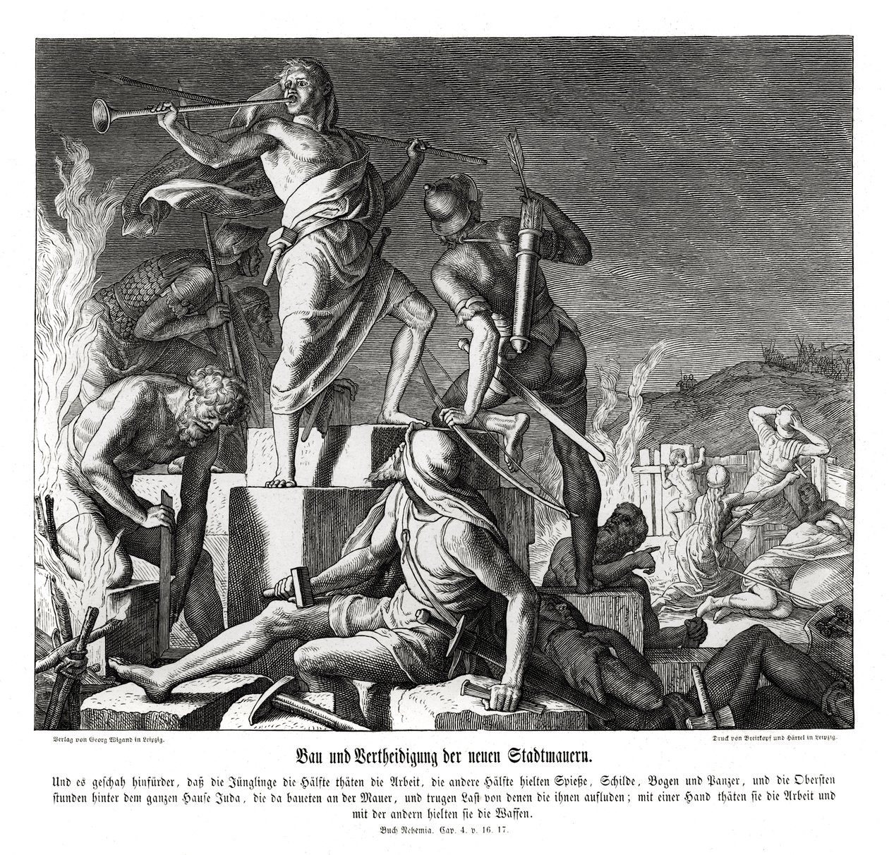 Construcción y defensa de las nuevas murallas de la ciudad, Nehemías de Julius Schnorr von Carolsfeld