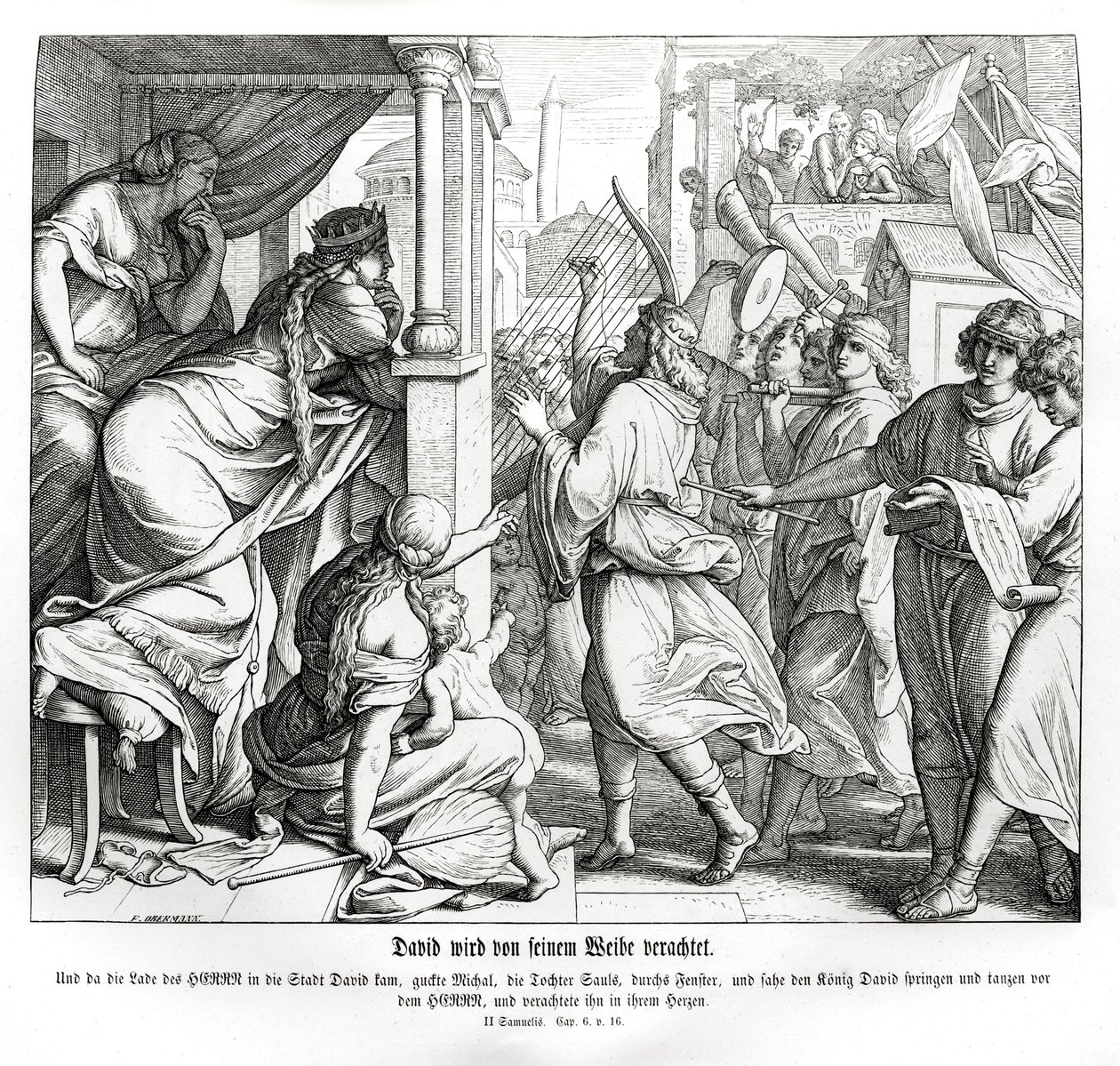 David es despreciado por Mical, 2 Samuel de Julius Schnorr von Carolsfeld