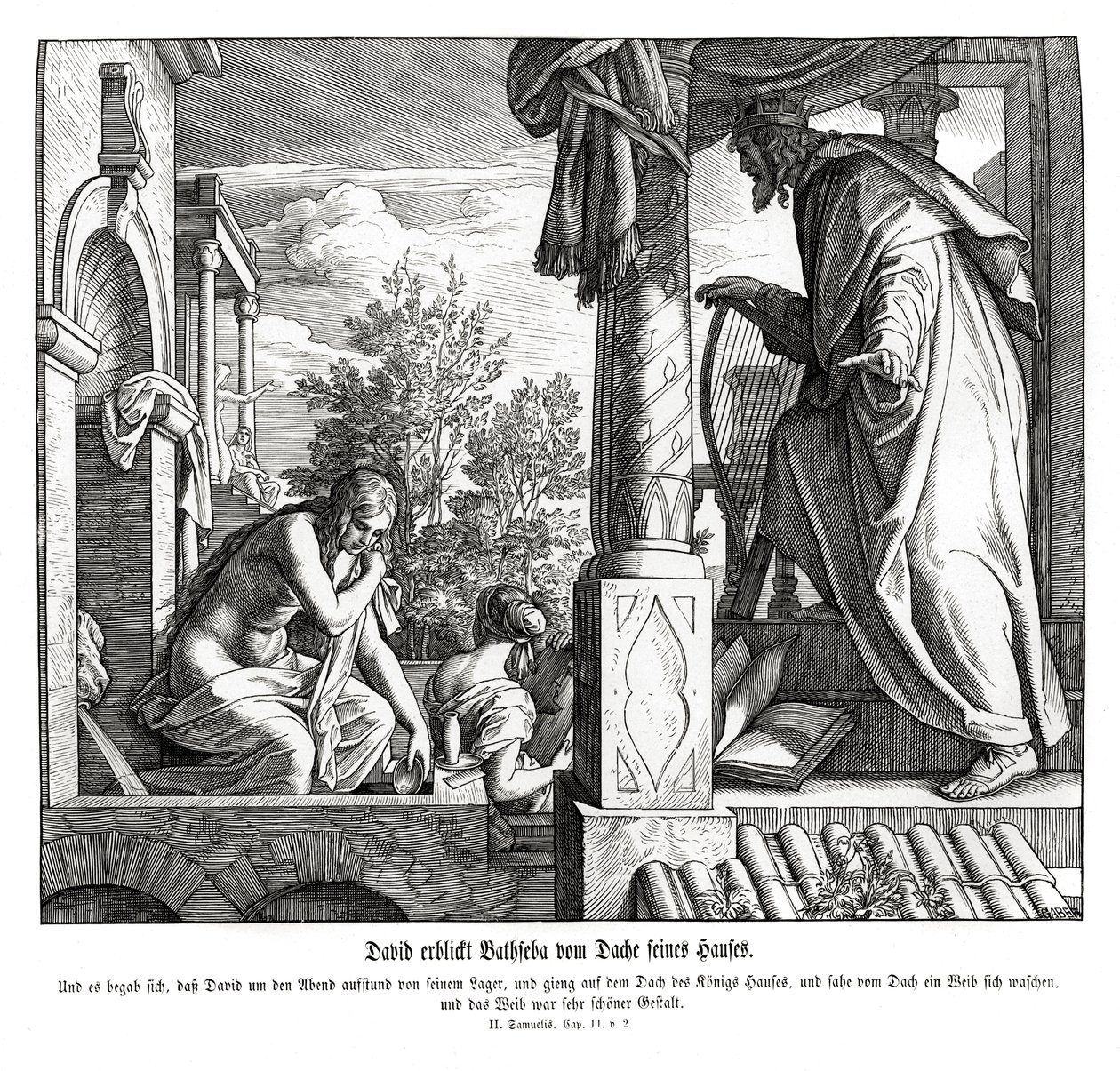 David ve a Betsabé en el techo, 2 Samuel de Julius Schnorr von Carolsfeld