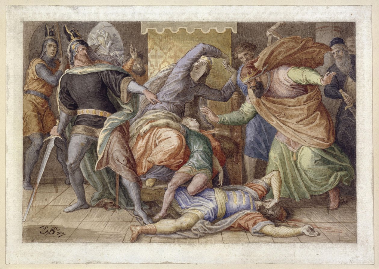 Hagen mata a Ortlieb (Ortlieb moribundo en el regazo de Kriemhild; basado en la «Canción de los Nibelungos») de Julius Schnorr von Carolsfeld