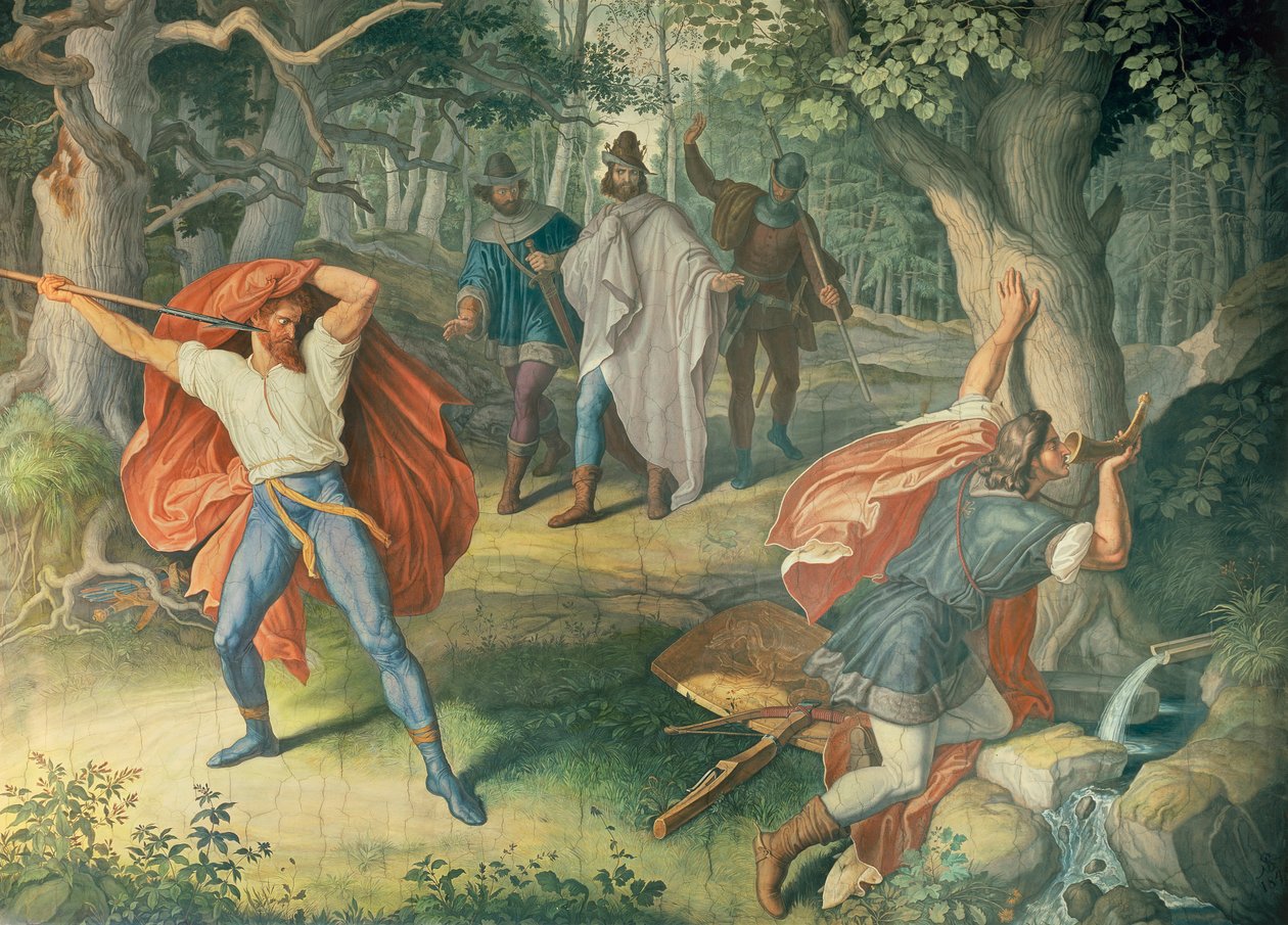 Hagen matando a Sigfrido en la fuente, Salón de los Nibelungos de Julius Schnorr von Carolsfeld