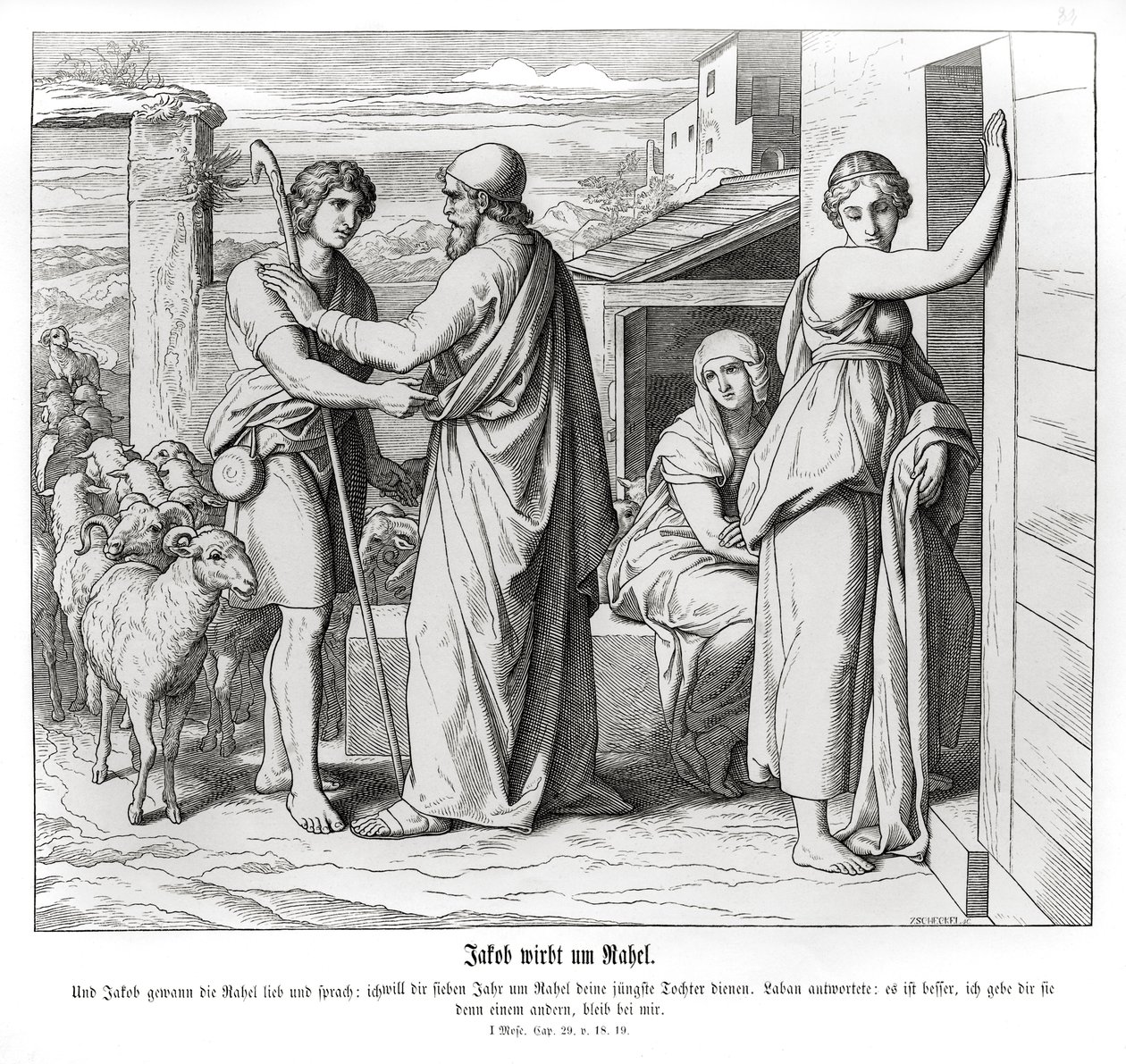 Jacob pide a Labán a Raquel como esposa, Génesis de Julius Schnorr von Carolsfeld