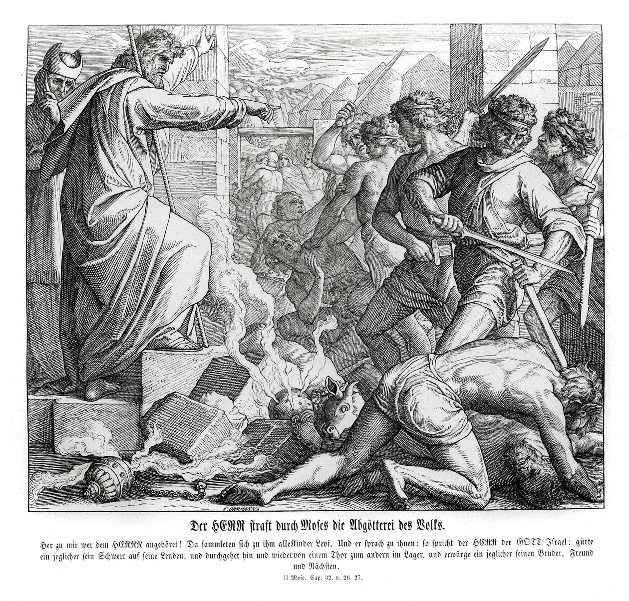 Moisés castiga al pueblo por su idolatría, Éxodo de Julius Schnorr von Carolsfeld