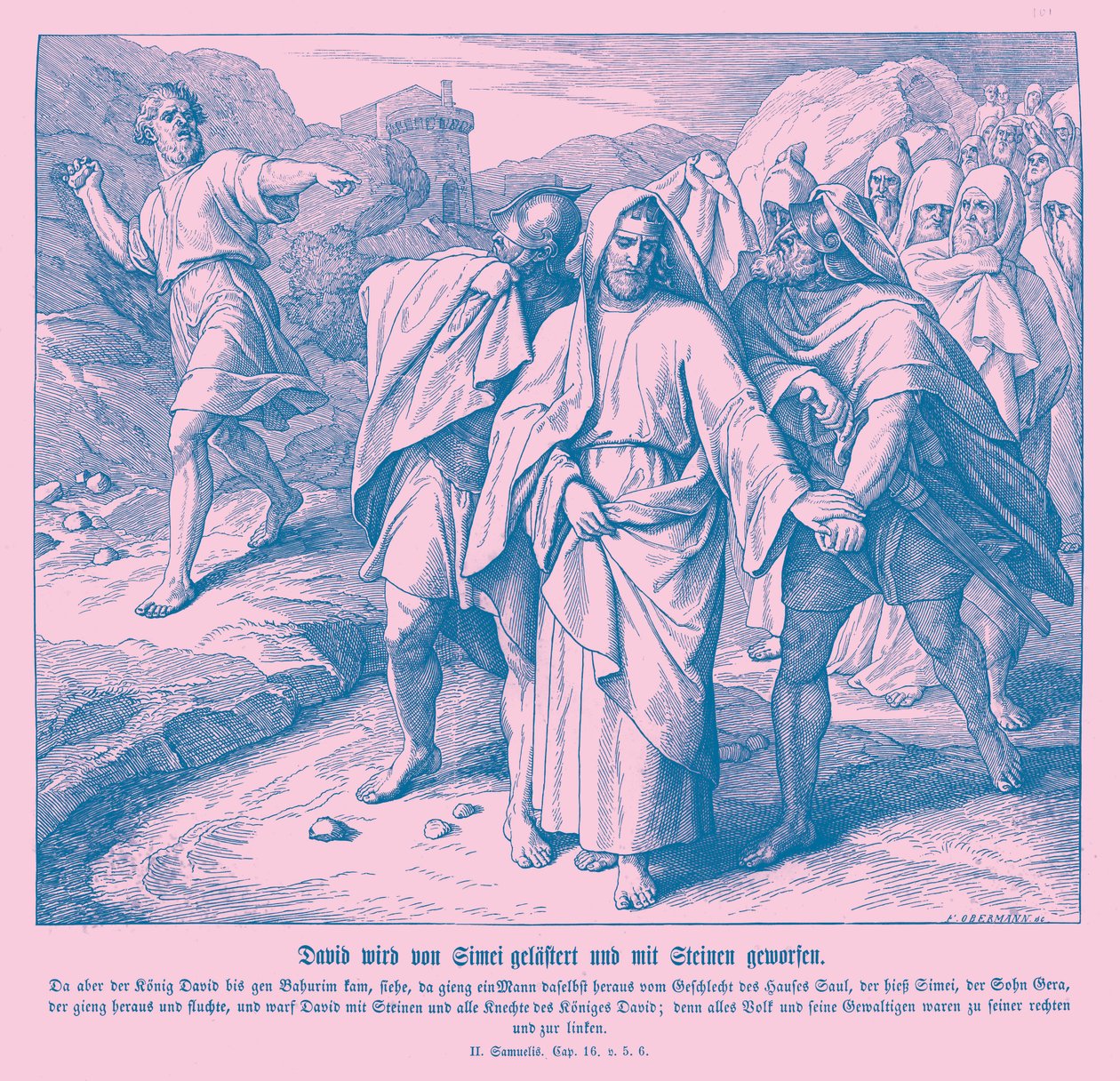 Simei maldice y arroja piedras a David, 2 Samuel de Julius Schnorr von Carolsfeld