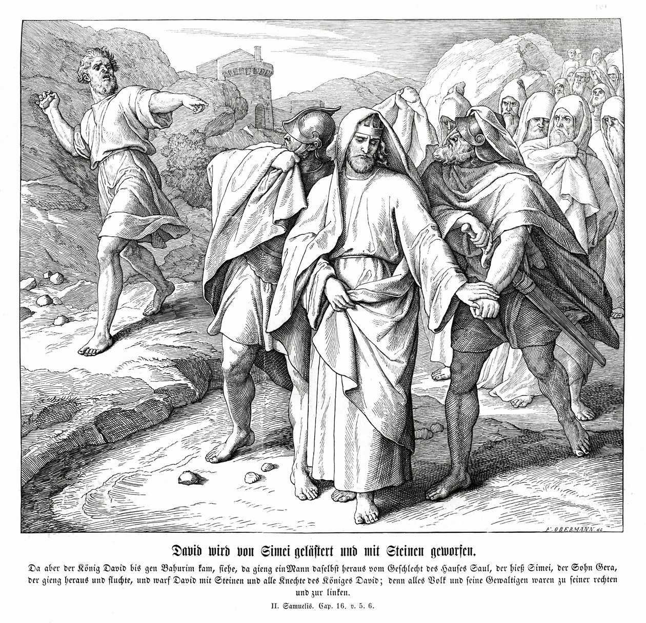 Simei maldice y arroja piedras a David, 2 Samuel de Julius Schnorr von Carolsfeld