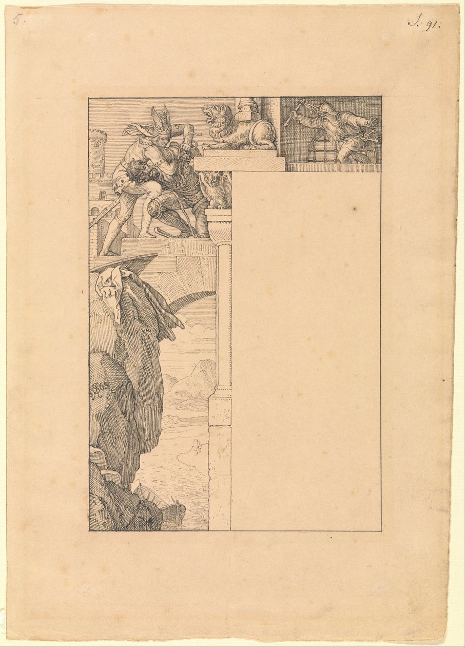 Siegfried lucha con el guardián de la puerta de Julius Schnorr von Carolsfeld