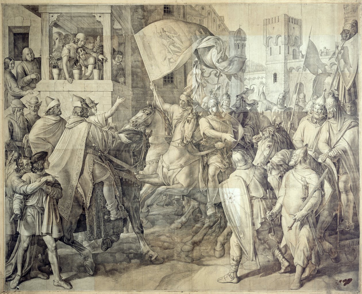 El regreso de Sigfrido de la guerra sajona. Cartón para los frescos de los Nibelungos en el Königsbau de la Residencia de Múnich de Julius Schnorr von Carolsfeld