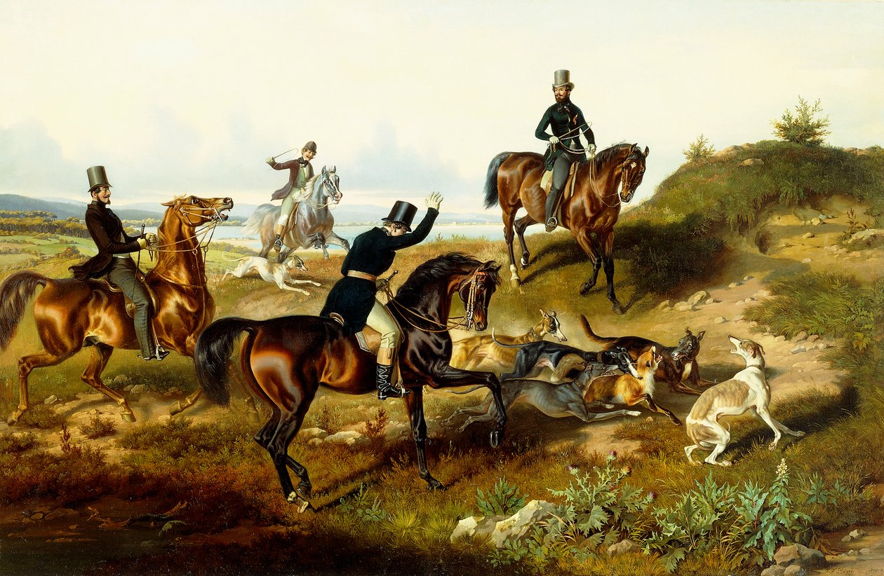 Federico II con su partida de caza (óleo sobre lienzo) de Julius Zimmerman