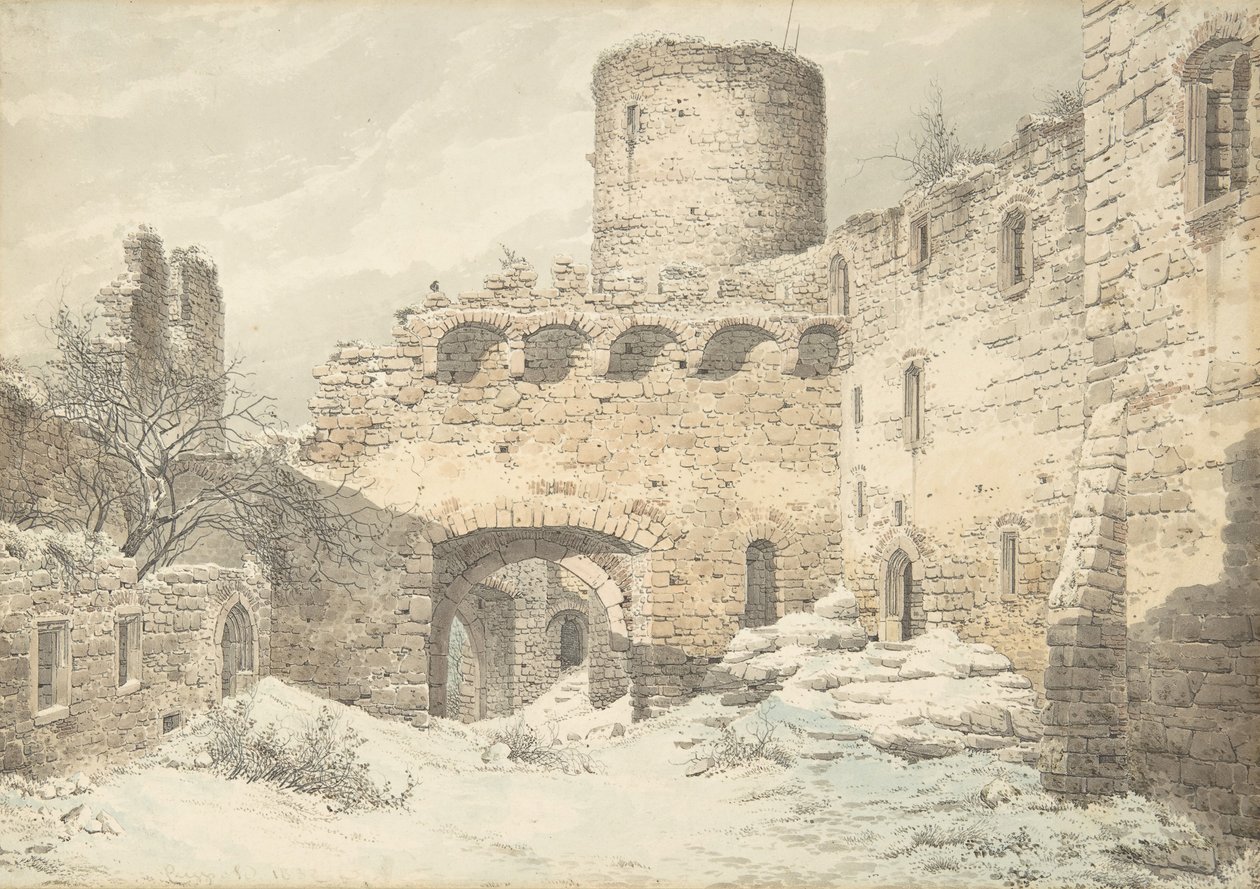 Vista invernal del patio de un castillo medieval en ruinas de Julius von Leypold