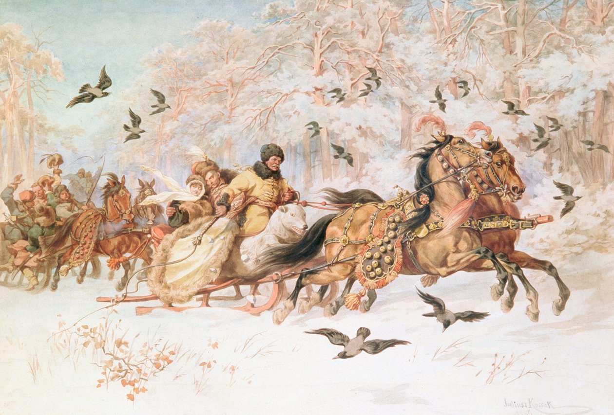 Olenka y Kmicic en Kulig, c.1887 de Juliusz Fortunat Kossak