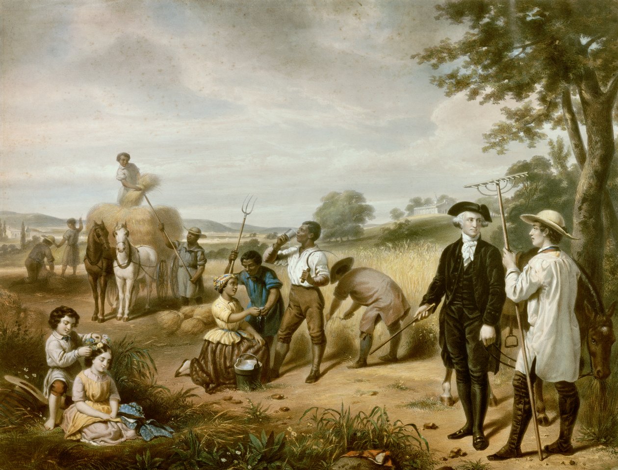 Washington el agricultor: George Washington en los campos de Mont Vernon, su plantación en el condado de Fairfax, Virginia. En la esquina inferior izquierda están representados sus dos hijastros, John y Martha Parke Custis. Litografía de Junius Brutus Stearns